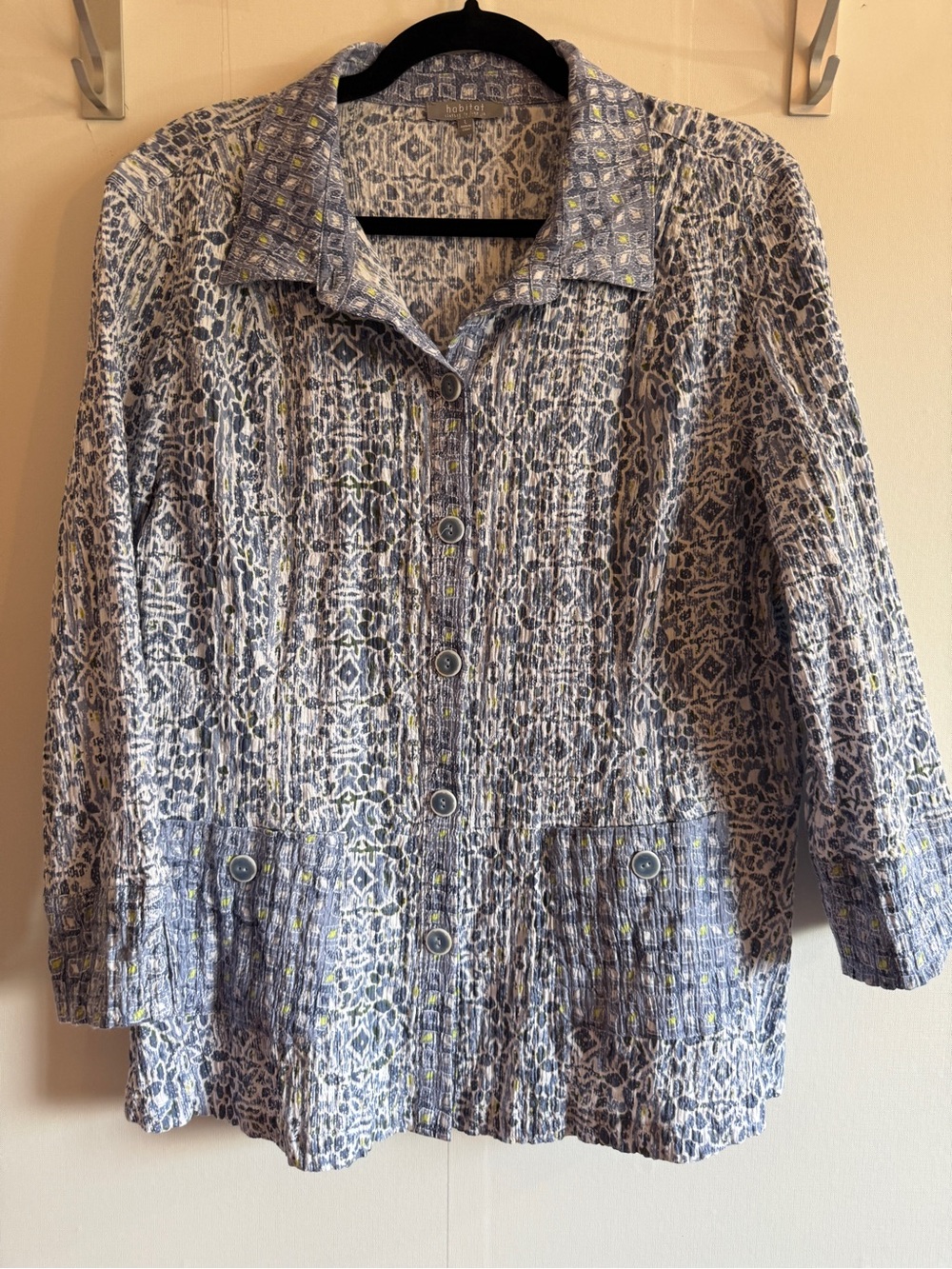 Habitat Crinkle Jacket TopBlue Abstract Print Button Front Stretch Women’s Large